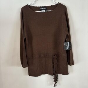 VTG New Women's Sag Harbor Brown Crochet Belted Sweater Large Dressy